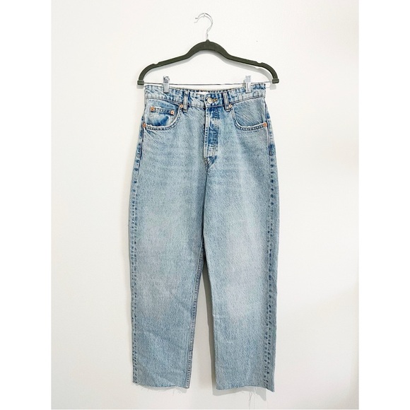 Zara High Rise Light Wash Mother Style Jeans Raw Hem Denim Button Women’s Size 6 - Picture 4 of 14